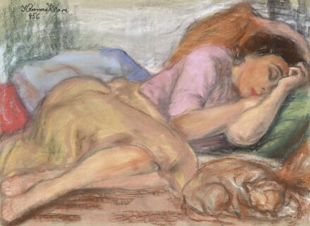 Róna Klára: Délutáni pihenés (Alvó lány macskával), 1956
