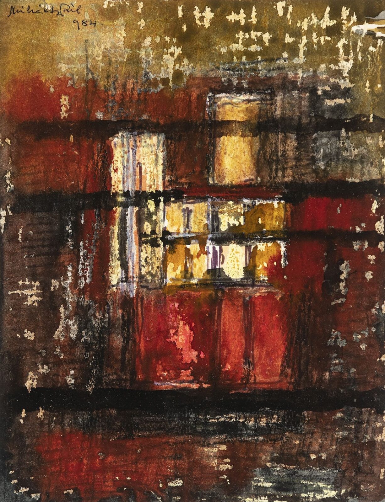 Miháltz Pál (Magyarvalkó, 1899 – Budapest, 1988): Lámpafényes ablak vörös fallal, 1984