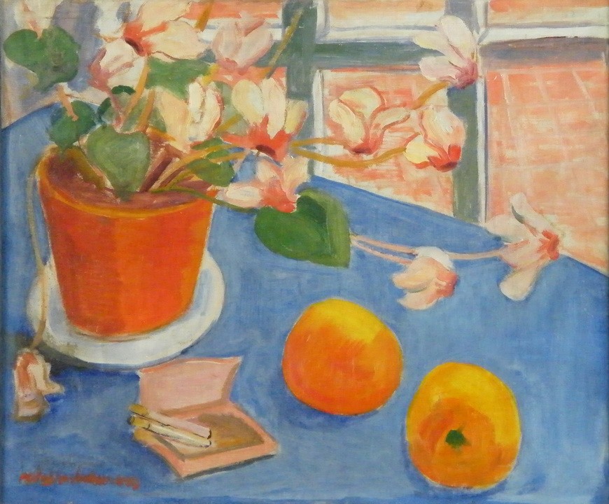 Walleshausen Zsigmond (1888 - ?): Narancsos csendélet kék abroszon