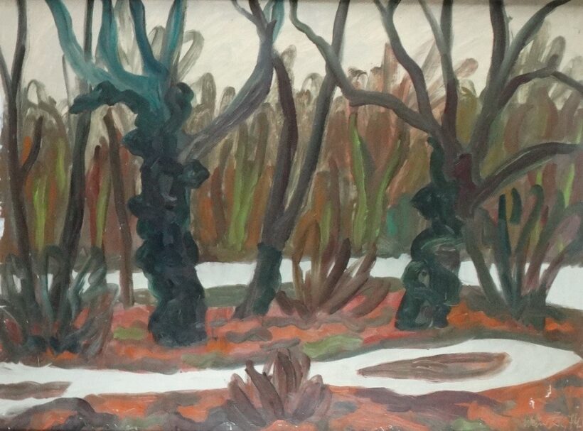 Weisz Zsuzsanna (1925 - 2017): Fák a kertben 1., 1974 (Műcsarnok raglap maradvány)