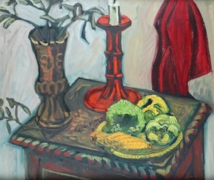 Weisz Zsuzsanna (1925 - 2017): Csendélet vörös drapériában, 1968.