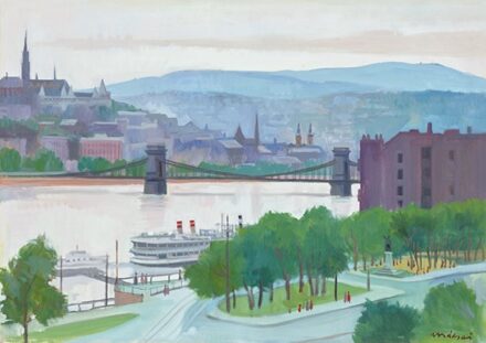Mácsai István:  Budapest a Lánchíddal és Petőfi szoborral, 1960-as évek