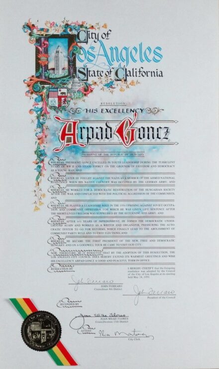 Oklevél Göncz Árpád részére, Los Angeles 1991