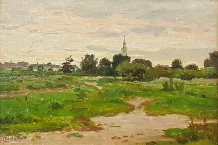Nádler Róbert (1858-1938): Tájkép templomtoronnyal