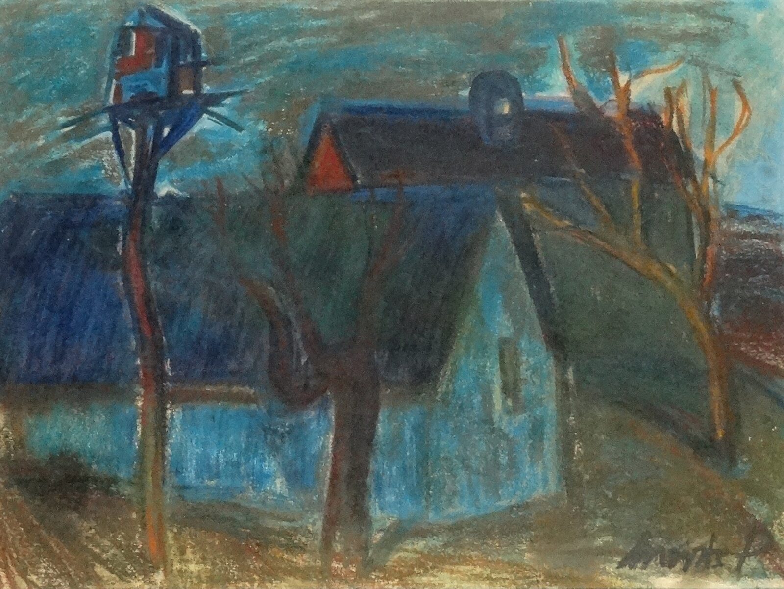 Mersits Piroska (1926-1988) : Ház madáretetővel