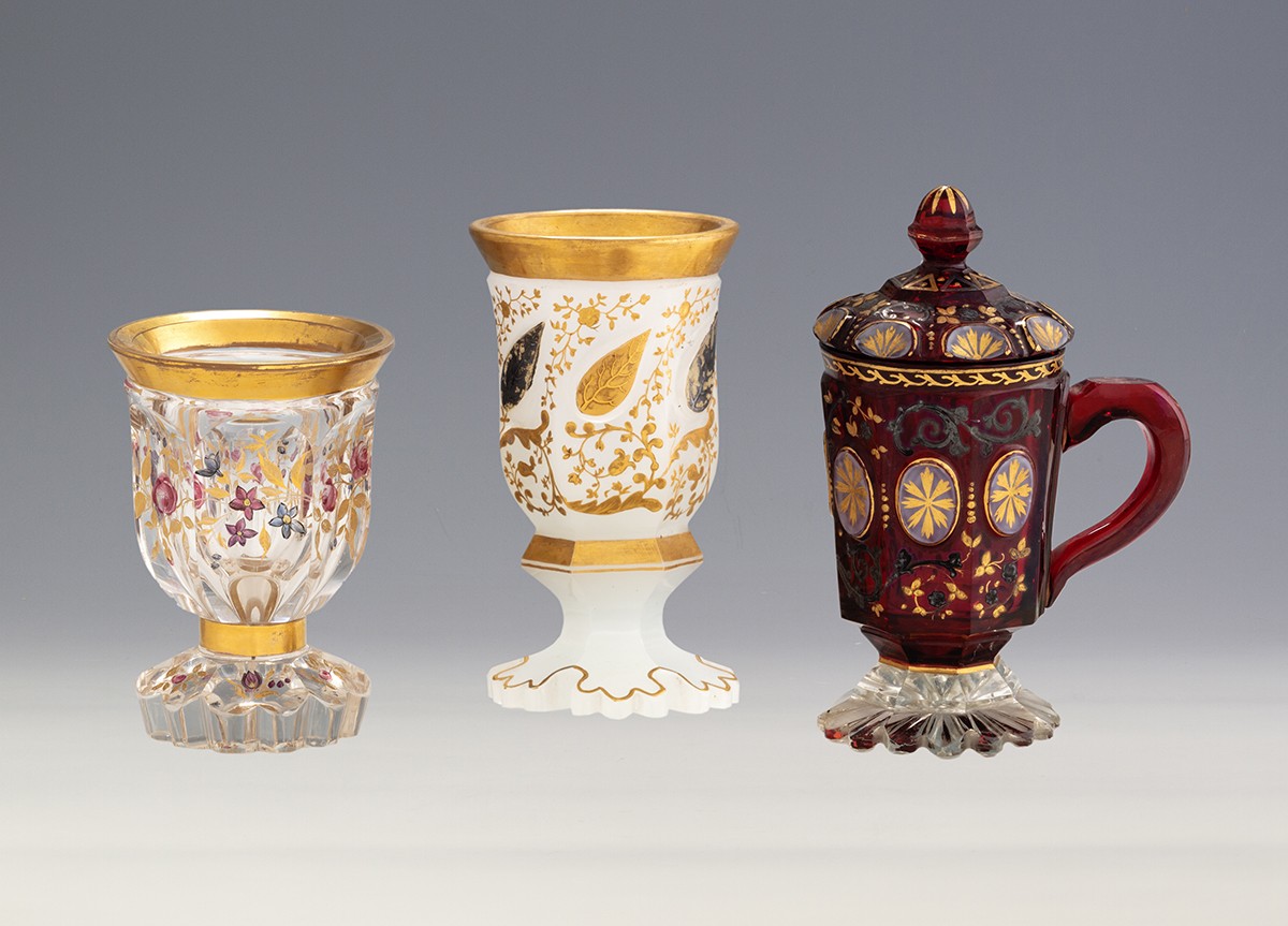 3 darab biedermeier emlékpohár
, Cseh, XIX. század közepe