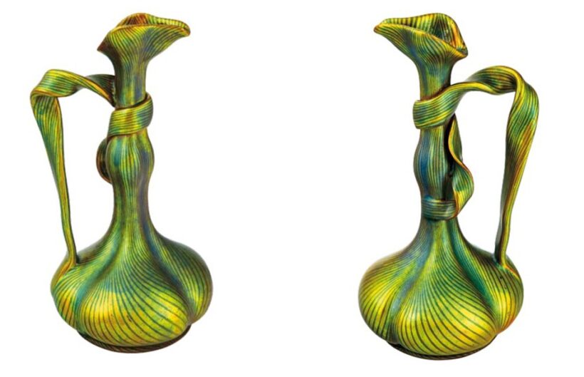 Zsolnay: Díszedény szalagfüllel, Tiffany-vonalas rajzzal, Zsolnay, 1898