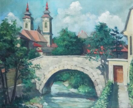 Radnay József (1896-1963): Falusi részlet templommal