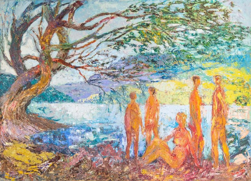 Varga József (1922-2021) : Dunaparti strandolók egy nagy fa alatt, 1986