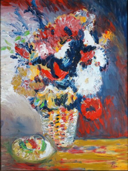 Schéner Mihály (1923-2009) : Csendélet (virágok, gyümölcsök), 2002