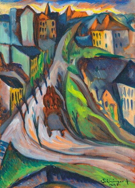 Schönberger Armand (1885-1974): Városrészlet lovaskocsival, 1923