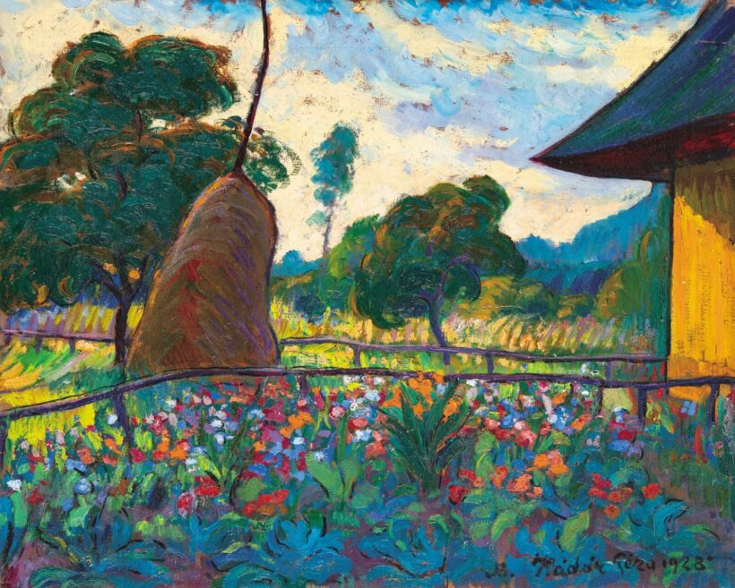 Kádár Géza (1878-1952): Nagybánya nyáron, (Virágözön a kerti boglya árnyékában), 1928