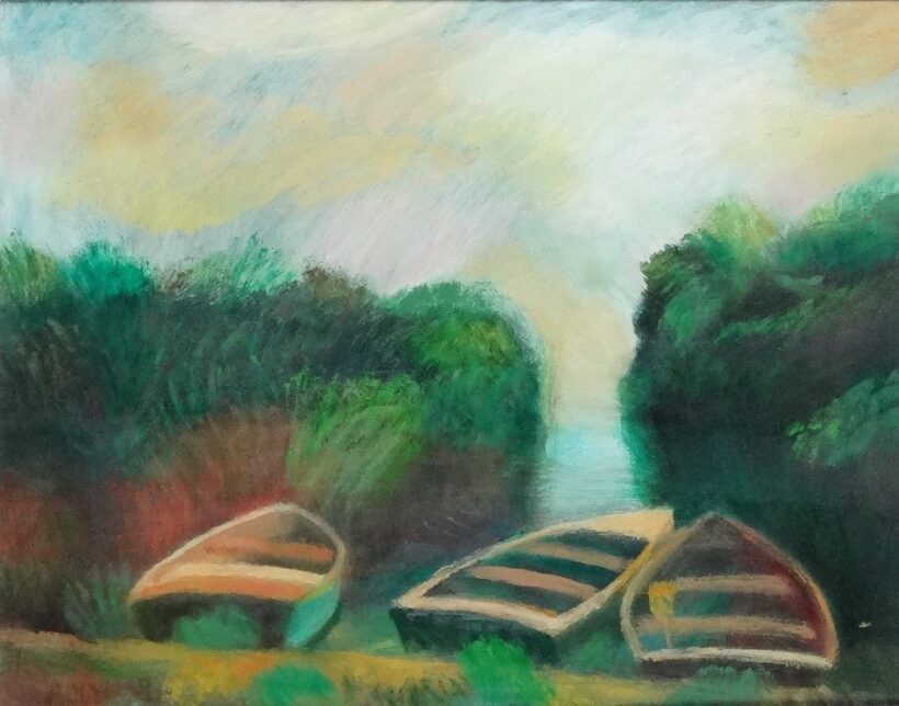 Károlyi Ernő (1923-2016): Ladikok a nádasban (Pálköve), 1987
