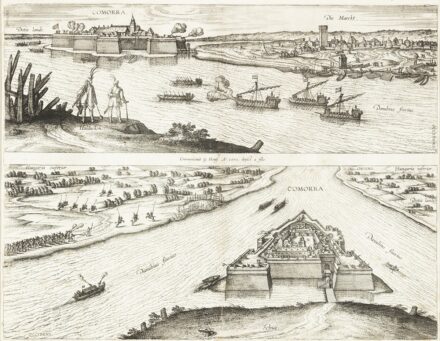 Jakob és Georg Hoefnagel: Komárom vár és város kétosztatú látképe, 1595
