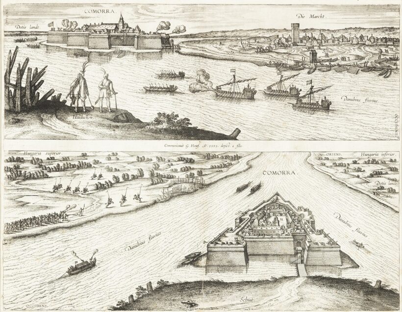 Jakob és Georg Hoefnagel: Komárom vár és város kétosztatú látképe, 1595