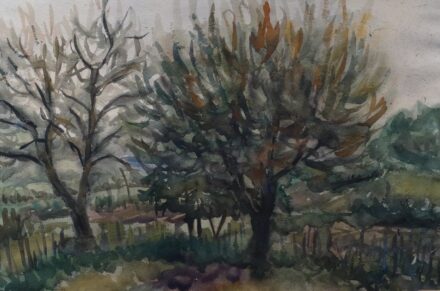 Weisz Zsuzsanna (1925 - 2017): Gyümölcsösben tavasszal, Szigliget, 1983