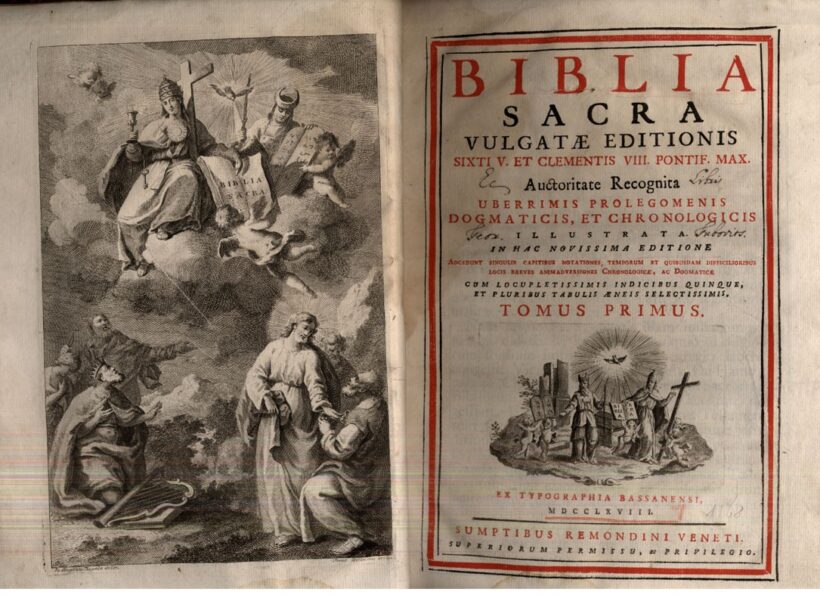 Antik könyvek. Biblia. Biblia Sacra Vulgatae Editionis  Antik könyvek. Biblia. Biblia Sacra Vulgatae Editionis Sixti V. et et Clementis VIII. Pontif. Max. iussu recognita, et Clementis VIII. auctoritate recognita. I-II. kötet (egybekötve). 1768.