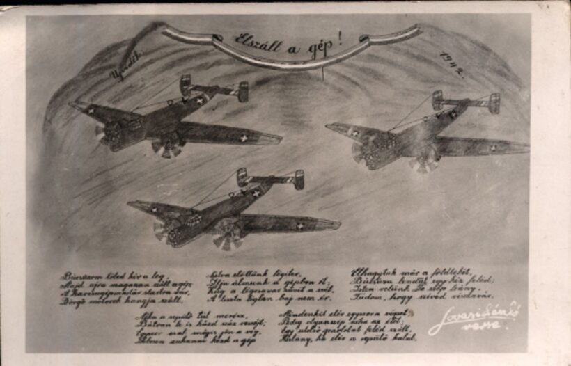 Repülés, aviatika. Elszáll a gép.  Repülés, aviatika. Elszáll a gép. Grafikus lap, alatta egy pilótainduló szövegével. Újvidék, 1942.