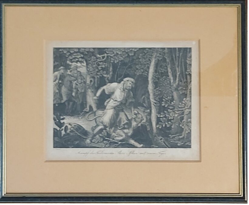 Harc a tigrissel.  Harc a tigrissel. Kampf des Turkomenen Shere Afkun mit einem Tiger. Rézkarc.