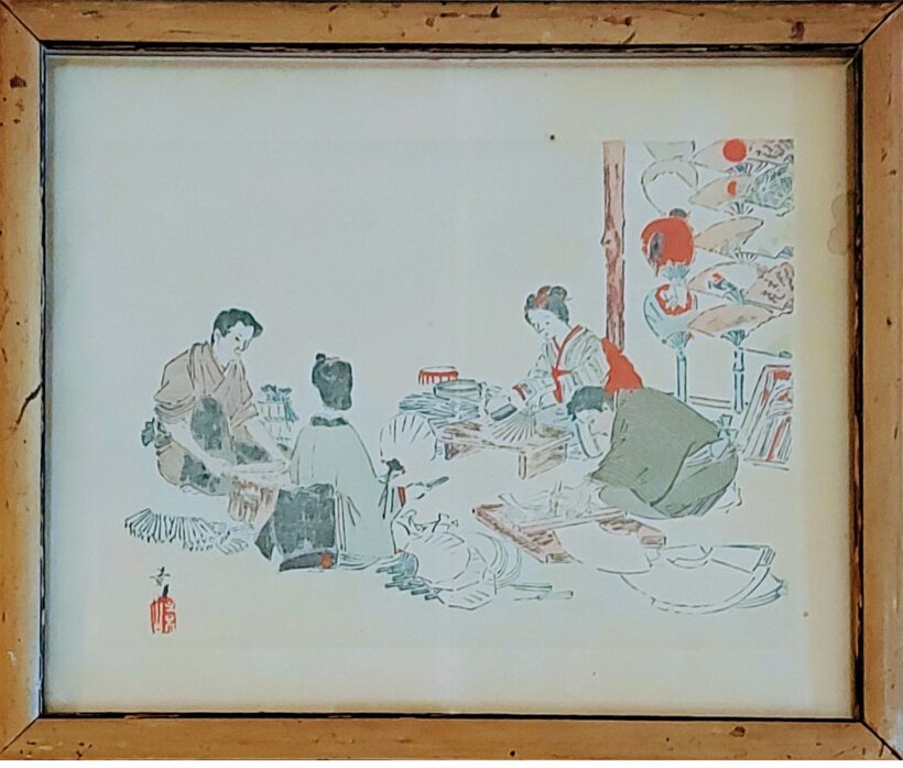 Ismeretlen japán alkotó:  Ismeretlen japán alkotó: Munkában az asztalnál. Vegyes technika, jelzett b.l.