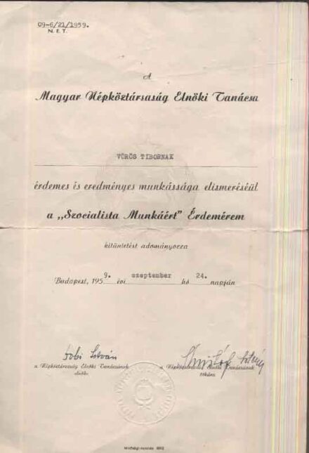 Dobi István (1898-1968)  Dobi István (1898-1968) a Magyar Népköztársaág Elnöki Tanácsa elnöke által aláírt kitüntetési oklevél 1959-ből.