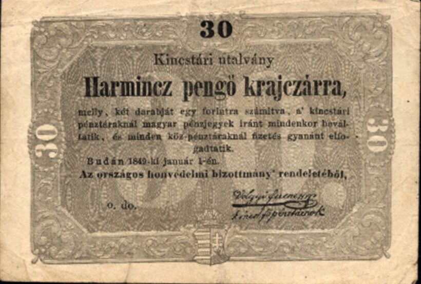 Ezernyolcszáznegyvennyolc. Kossuth-bankó. Kincstári utalvány 30 pengő krajczárra.  Ezernyolcszáznegyvennyolc. Kossuth-bankó. Kincstári utalvány 30 pengő krajczárra. Völgyi Ferencz kincstári főpénztárnok hasonmás aláírásával. Budán, 1849-ki január 1-én.