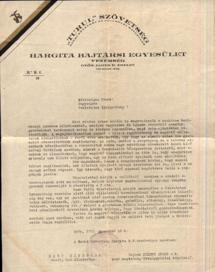A győri Turul Szövetség Hargita Bajtársi Egyesület körlevele 1939-ből. A győri Turul Szövetség Hargita Bajtársi Egyesület körlevele 1939-ből.