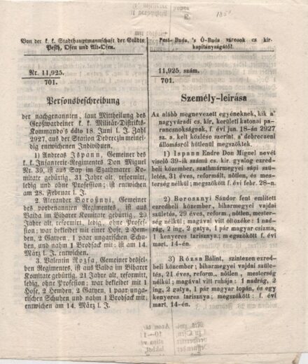 Kőrözvény. Pest-, Buda, s' Ó-Buda városok cs. kir. kapitányságának kőrözvénye 1851-ből. Kőrözvény. Pest-, Buda, s' Ó-Buda városok cs. kir. kapitányságának kőrözvénye 1851-ből.