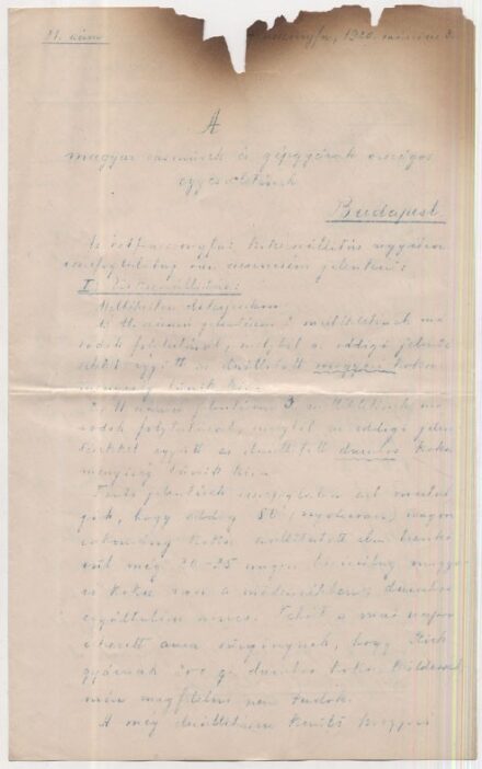 Stromfeld Aurél (1878-1927)  Stromfeld Aurél (1878-1927) vezérkari tiszt, hadügyi államtitkár, autográf, a Magyar vasművek és Gépgyárak Orsz. Egyesületének írt levele 1920-ból.