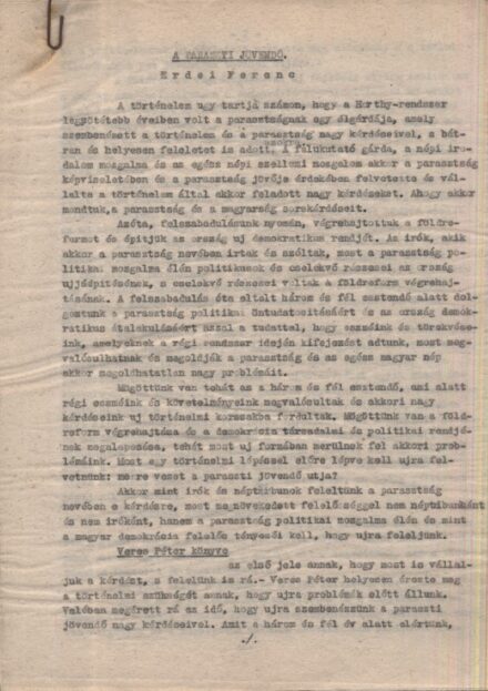 Erdei Ferenc (1910-1971)  Erdei Ferenc (1910-1971) szociológus, politikus ismertetője Veres Péter Paraszti jövendő könyvéről. Gépirat, korrektúra javításokkal. Veres Péter hagytékából.