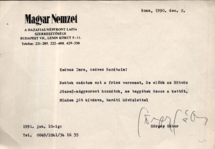 Görgey Gábor (1929-2022)  Görgey Gábor (1929-2022) író, költő, műfordító, dramaturg, rendező gépelt, aláírt levele 1990-ből.