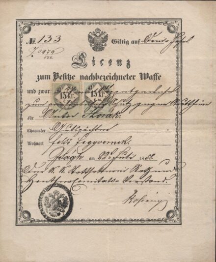 Fegyverviselési engedély 1858-ból. Fegyverviselési engedély 1858-ból.