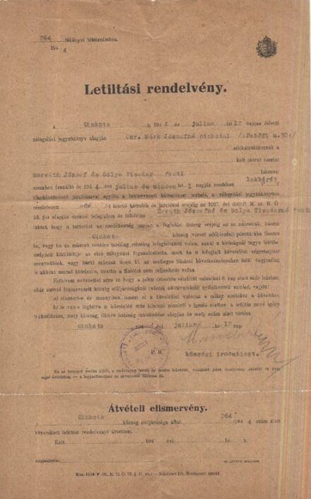 Letiltási rendelvény 1944-ből, 2 db.  Letiltási rendelvény 1944-ből, 2 db.