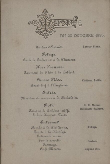 Menükártya. Francia nyelvű, de magyar menükártya 1885-ből. Menükártya. Francia nyelvű, de magyar menükártya 1885-ből.