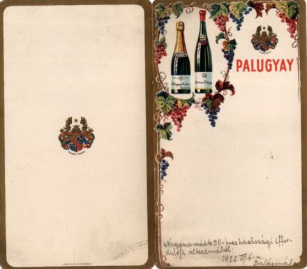 Menükártya. A hűvösvölgyi Balázs Vendéglő menükártyája 1928-ból,  Menükártya. A hűvösvölgyi Balázs Vendéglő menükártyája 1928-ból, a Palugyay borászat szétnyitható litografált reklámlapján.