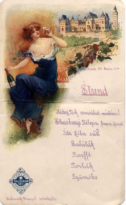 Menükártya. Törley reklámos, széthajtható litografált menükártya 1912-ből. Menükártya. Törley reklámos, széthajtható litografált menükártya 1912-ből.