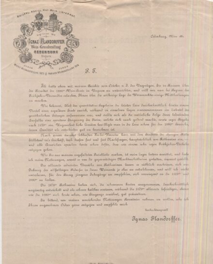 Flandorffer Ignác soproni bortermelő cégének német nyelvű hírleve és árlistája 1881-ből. Flandorffer Ignác soproni bortermelő cégének német nyelvű hírleve és árlistája 1881-ből.