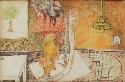Wahorn András (1953) : Égő fej cicával, 1993