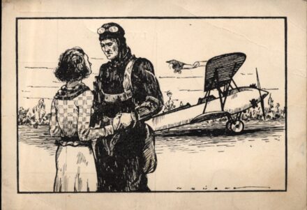 Repülés, aviatika. A pilóta búcsúja. Repülés, aviatika. A pilóta búcsúja. Grafikus motívumlap. Verzóján egy "flieger" (pilóta) induló szövegével.