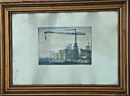 Ismeretlen alkotó: Sztálinváros 1951-ben.  Ismeretlen alkotó: Sztálinváros 1951-ben. Színezett rézkarc. Jelzett.