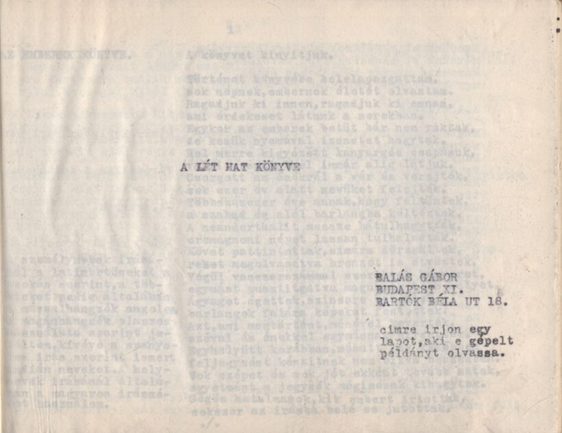 Balás Gábor Balás Gábor: A lét hat könyve. Gépiratos könyv 1957-ből.
