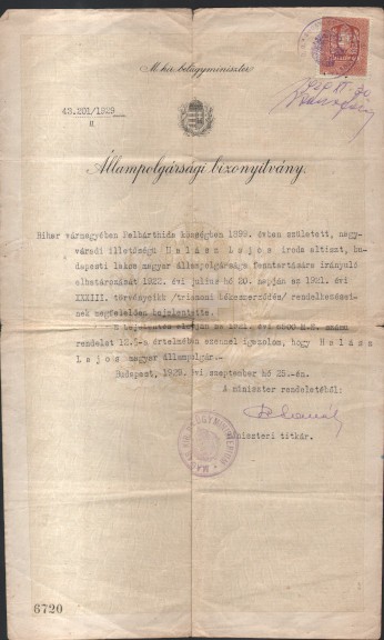 Halász Lajos Bihar megyében született lakos állampolgársági bizonyítványa 1929-ből. Halász Lajos Bihar megyében született lakos állampolgársági bizonyítványa 1929-ből.