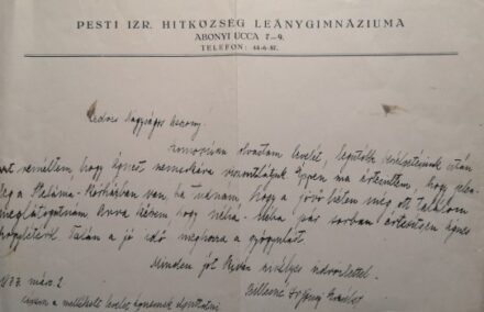 A Pesti Izraelita Hitközség Leánygimnáziumában A Pesti Izraelita Hitközség Leánygimnáziumában tanító tanár, Billesné dr. Gönczi Erzsébet autográf levele egy diáklány édesanyjához 1933-ból.