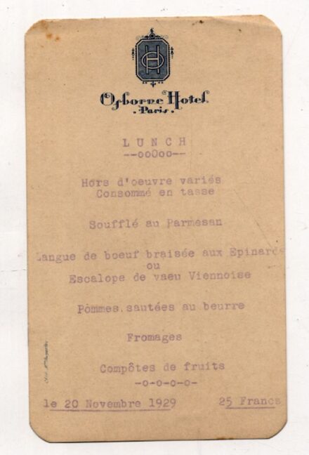 Menükártya. A párizsi Osborne Hotel menükártyája 1929-ből. Menükártya. A párizsi Osborne Hotel menükártyája 1929-ből.