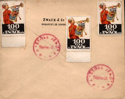 A százéves Zwack gyár záróbélyegeivel ellátott fejléces boríték 1944-ből. A százéves Zwack gyár záróbélyegeivel ellátott fejléces boríték 1944-ből.