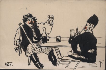 Képeslap. Kocsmai jelenet. 1913.  Képeslap. Kocsmai jelenet. 1913. Szignált lap.