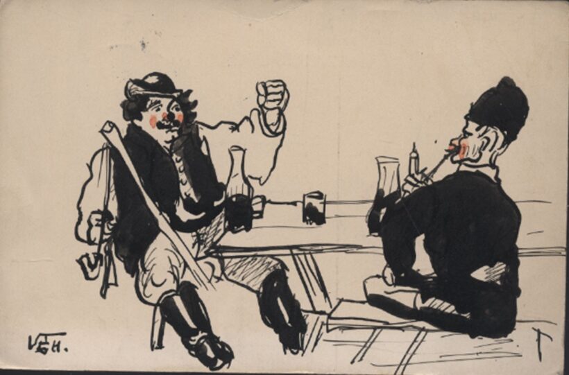 Képeslap. Kocsmai jelenet. 1913.  Képeslap. Kocsmai jelenet. 1913. Szignált lap.