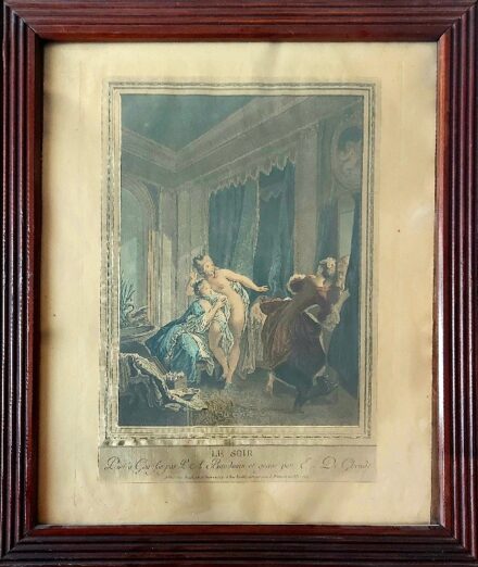 Baudouin, Pierre-Antoine (1723-1769) francia festő Le soir  Baudouin, Pierre-Antoine (1723-1769) francia festő Le soir c. műve alapján készült színezett rézmetszet.