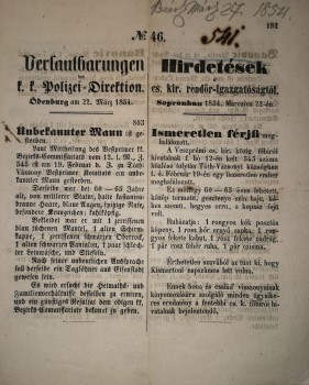 Kőrözvény 1854-ből.  Kőrözvény 1854-ből. A soproni cs. kir. rendőr-igazgatóság bűnügyi hirdetményei magyar és német nyelven 1854-ben.