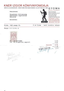 Kner Izidor Könyvnyomdájának dekoratív számlalevele 1937-ből.  Kner Izidor Könyvnyomdájának dekoratív számlalevele 1937-ből. Kner Imre (1890-1944) autográf aláírásával.